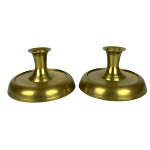Antique Brass Taper Candle Holders Set Of 2 Weighted Round Short Traditional